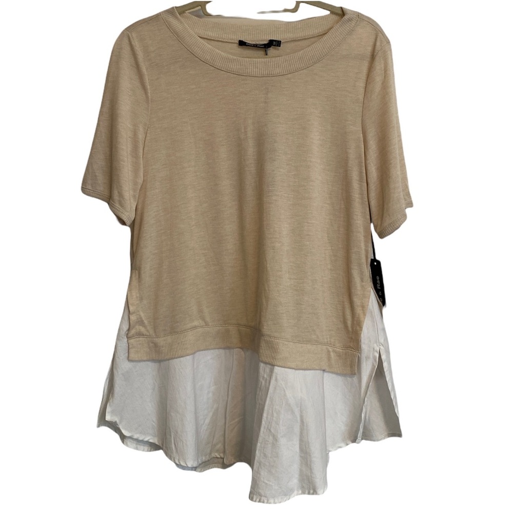 Doe & Rae Beige Layered Short Sleeve Blouse with White Hem